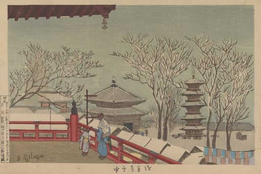 Asakusa Temple in Snow - by Kobayashi Kiyochika