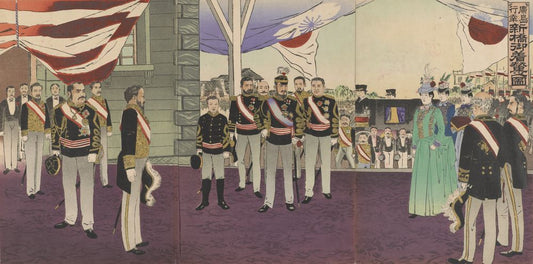 Imperial arrival at Shimbashi station on triumphal return from Hiroshima - by Kobayashi Kiyochika