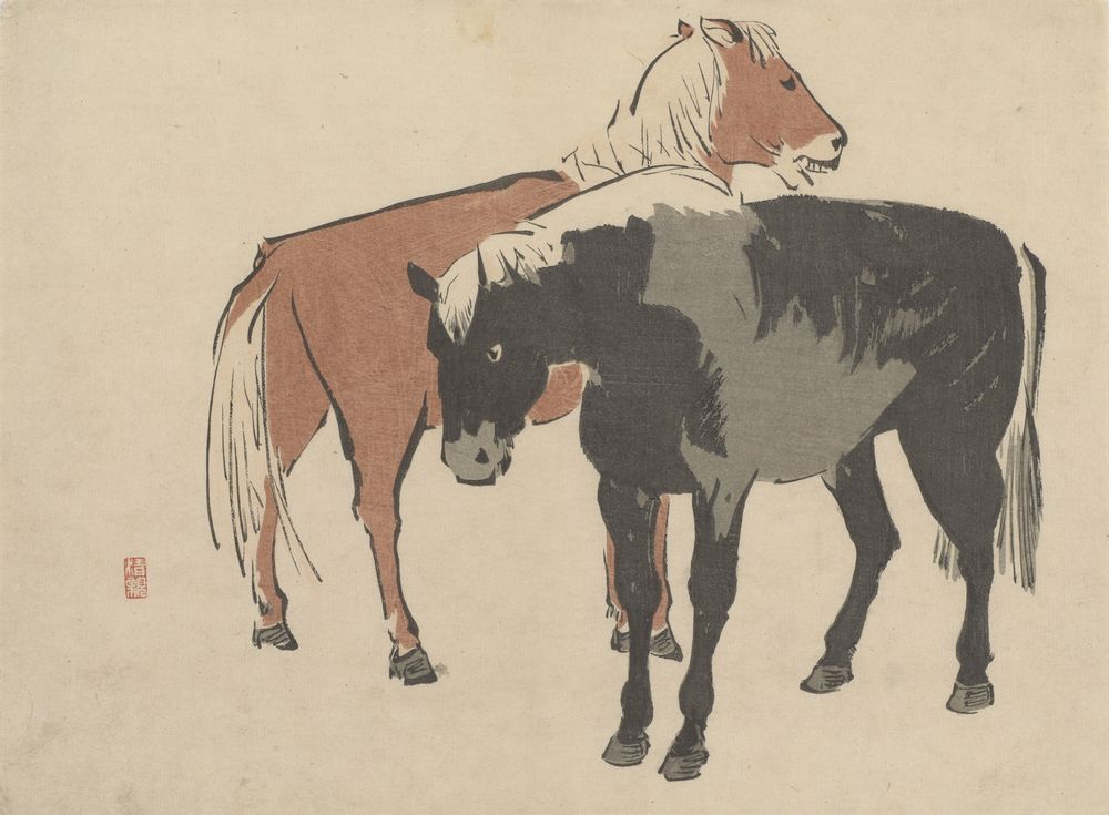 Two horses - by Kobayashi Kiyochika