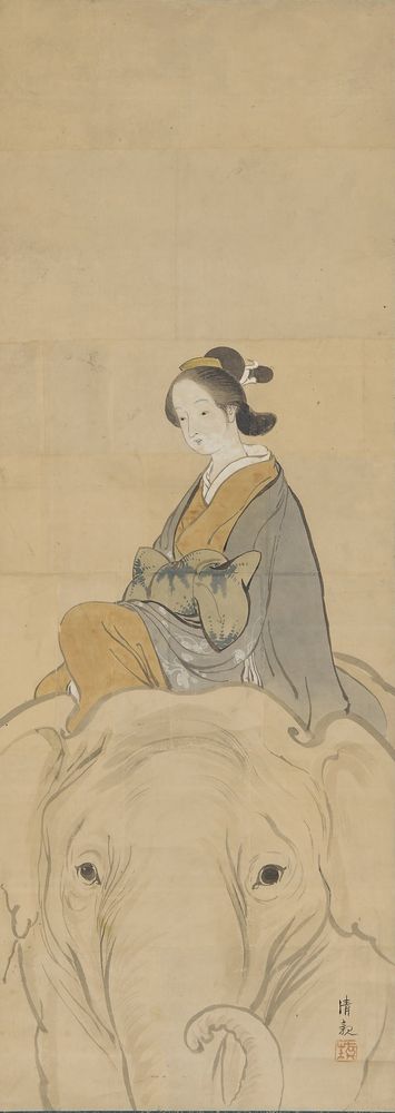 Mitate-e of Courtesan Eguchi, parodying Fugen Bosatsu, seated astride an elephant - by Kobayashi Kiyochika