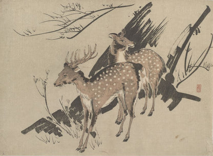 Two deer - by Kobayashi Kiyochika