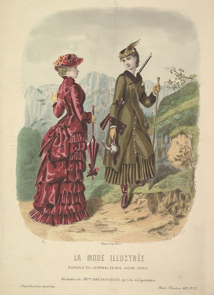 A Lady in a Hunting Costume with a Lady in Walking Costume on a Mountain Path from La Mode Illustrée - by Adele-Anaïs Colin Toudouze