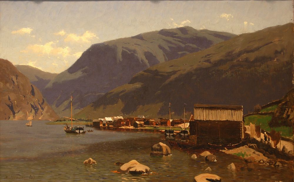 Village in the Sogne Fjord with Local Cargo Boats - by Adelsteen Normann