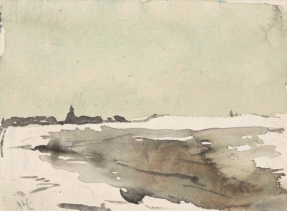 Winterlandschap met kerkje in het verschiet - by Adolf le Comte