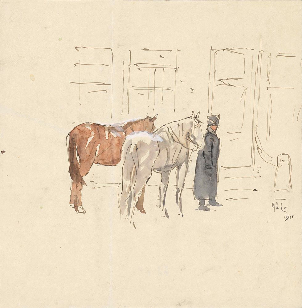 Man met twee paarden voor een gebouw - by Adolf le Comte