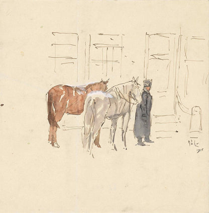 Man met twee paarden voor een gebouw - by Adolf le Comte