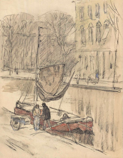 Schuit in een stadsgracht - by Adolf le Comte