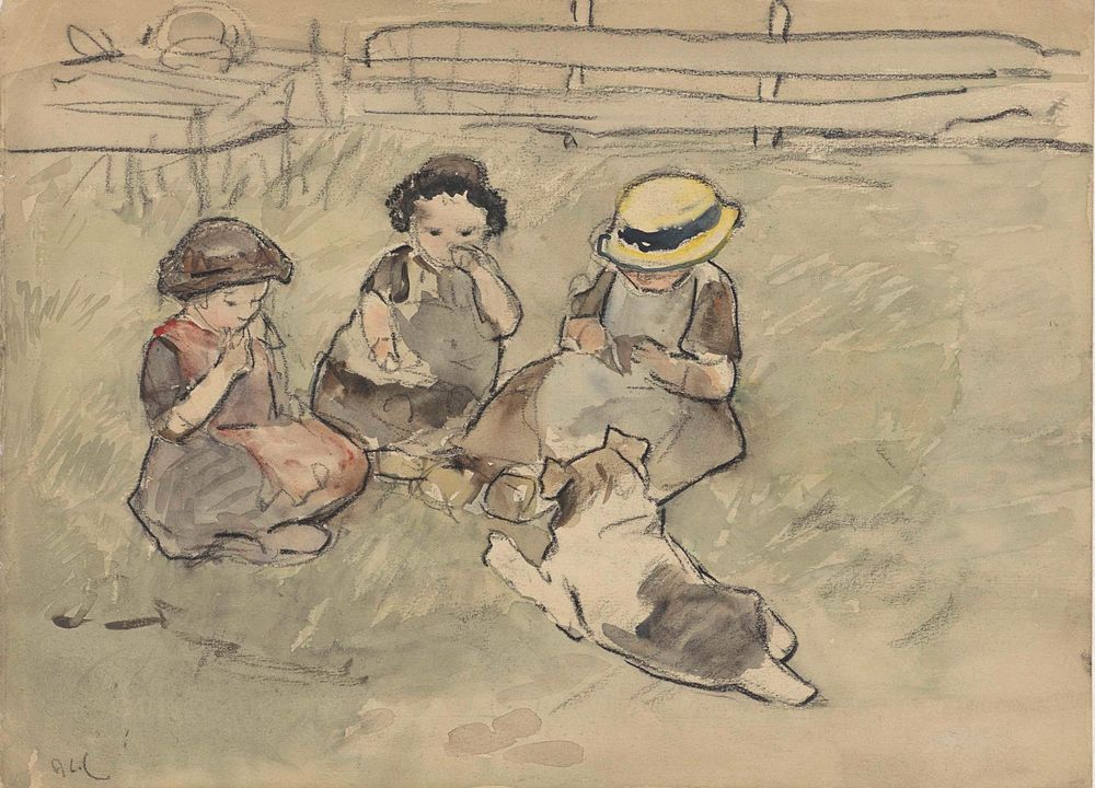 Drie meisjes met een hond zittend in een weiland - by Adolf le Comte