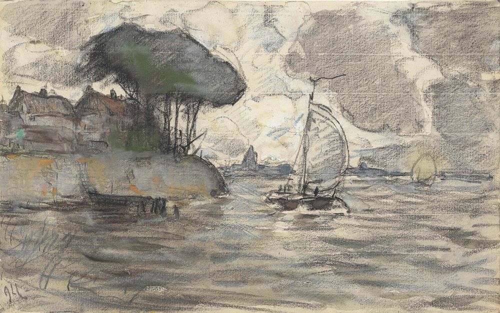 Zeilschepen op het water, bij de oever - by Adolf le Comte