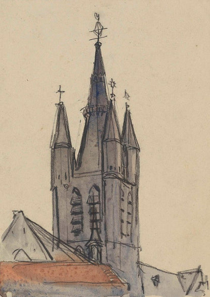 Toren van de Oude Kerk te Delft - by Adolf le Comte