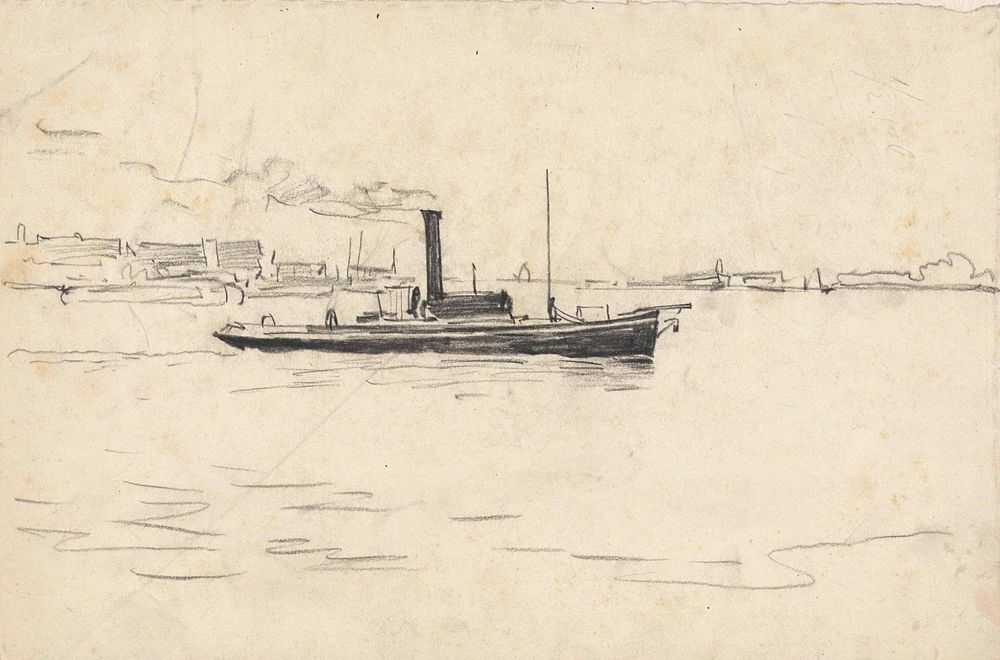 Sleepboot op rivier - by Adolf le Comte