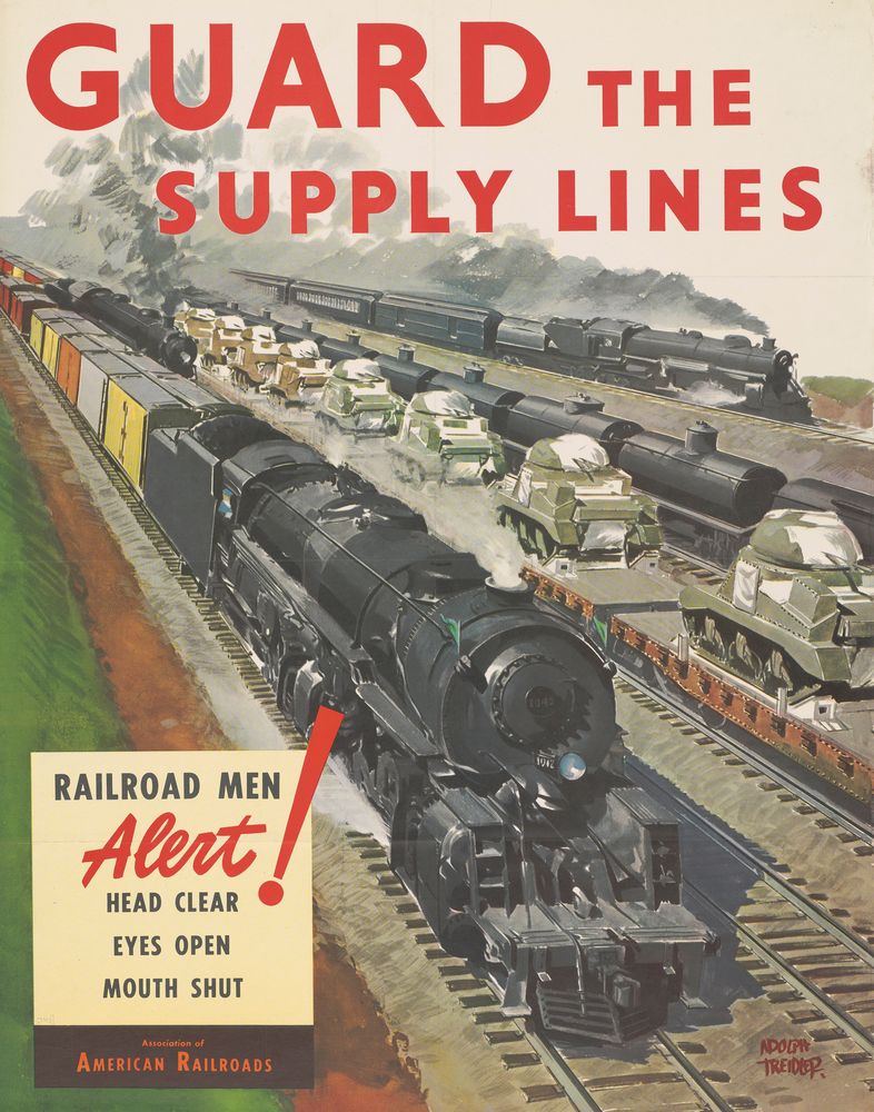 Guard the Supply Lines Railroad Men Alert! Head Clear Eyes Open Mouths Shut - by Adolph Treidler