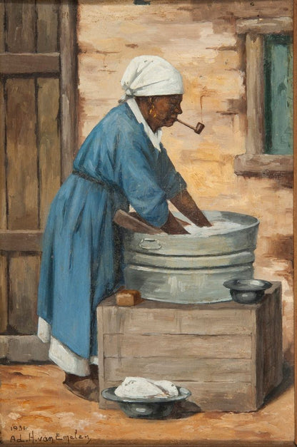 Negra com cachimbo, turbante branco lavando roupa* - by Adrien Henri Vital van Emelen