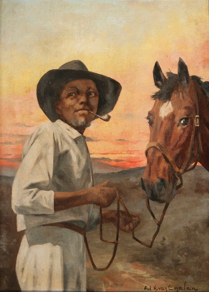 Negro com chapéu, fumando charuto, segurando rédea de cavalo* - by Adrien Henri Vital van Emelen