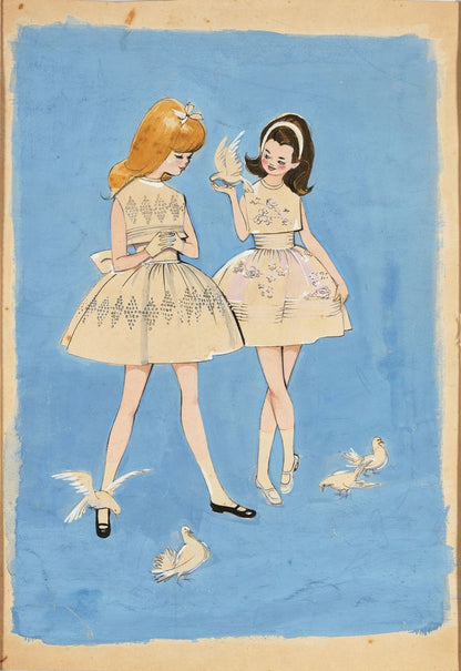 Drawing, two girls with doves - by Alceu Penna