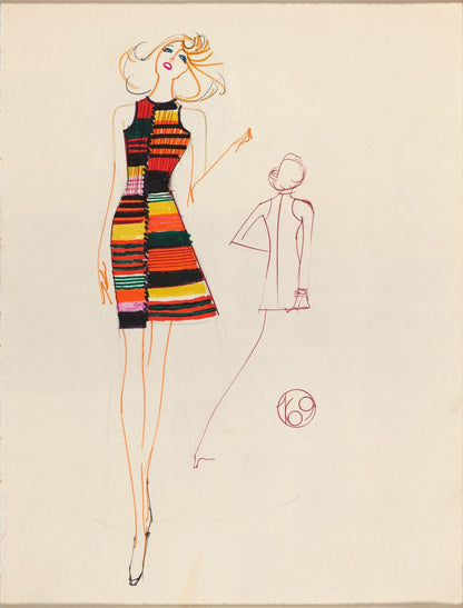 Drawing, short, striped dress in several colors - by Alceu Penna