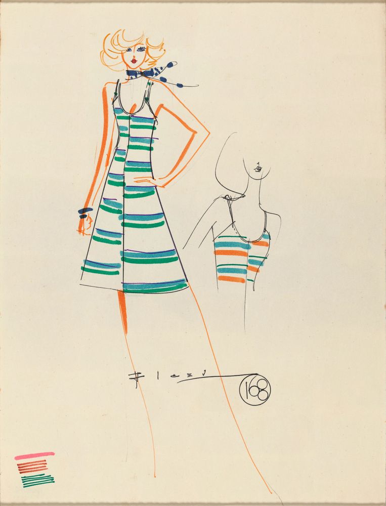 Drawing, A-line dress and striped top - by Alceu Penna