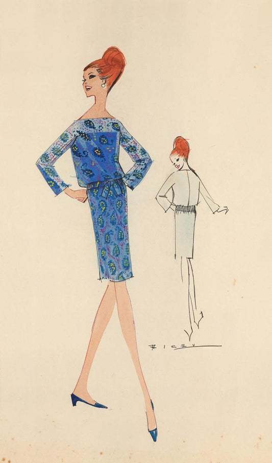 Drawing, blue long sleeve dress - by Alceu Penna