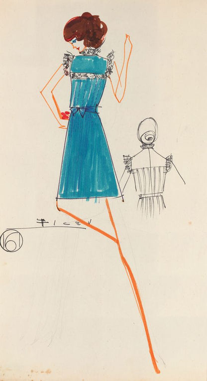 Drawing, blue dress with frill on the visor - by Alceu Penna