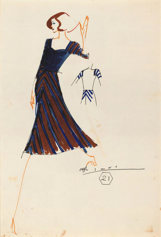 Drawing, dress with sweetheart neckline and diagonally striped skirt in blue and red - by Alceu Penna