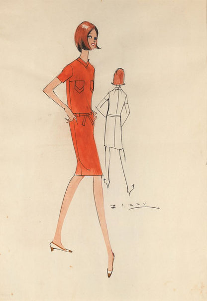 Drawing, straight dress in orange tone - by Alceu Penna