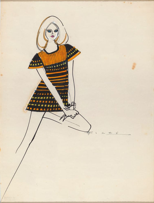 Drawing, mini dress in shades of black, orange and yellow - by Alceu Penna