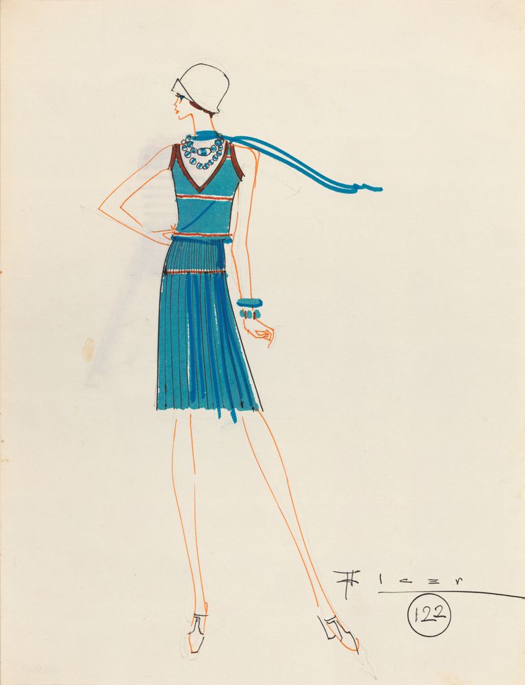 Drawing, girl in cloche hat, sleeveless blouse and blue pleated skirt with orange details - by Alceu Penna