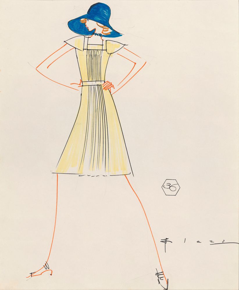 Drawing, yellow A-line dress and wide brim blue hat - by Alceu Penna