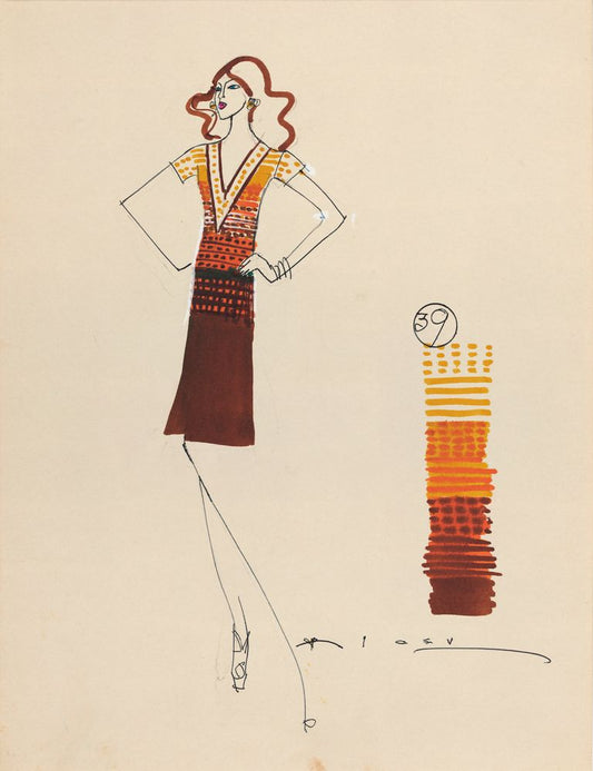 Drawing, brown skirt and blouse in shades of brown, orange, yellow and white - by Alceu Penna