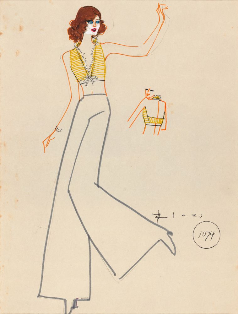 Drawing, girl with palazzo pants and yellow and white striped top - by Alceu Penna