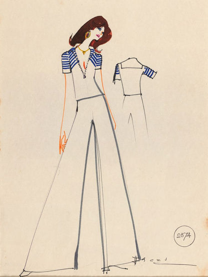 Drawing, palazzo pants and blouse with white and blue details - by Alceu Penna