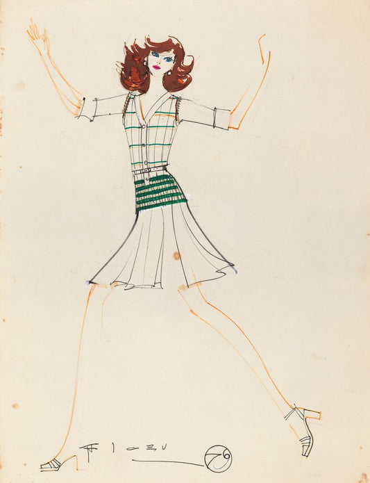 Drawing, girl in pleated skirt, white blouse and plaid vest with frontal buttoning - by Alceu Penna