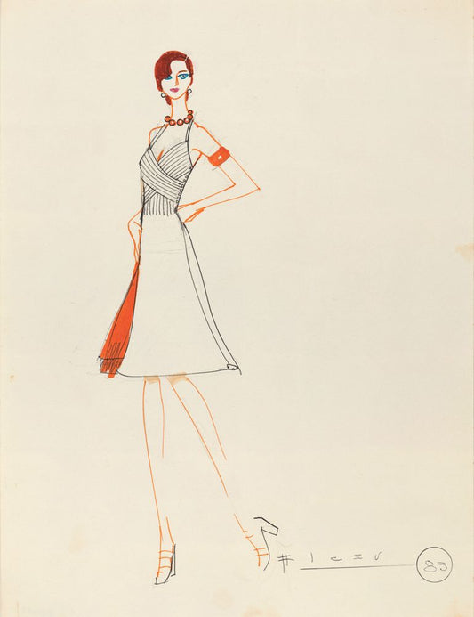 Drawing, white A-line dress with orange detail and pleated upper part - by Alceu Penna