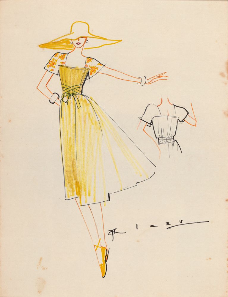 Drawing, yellow dress and wide brim hat - by Alceu Penna