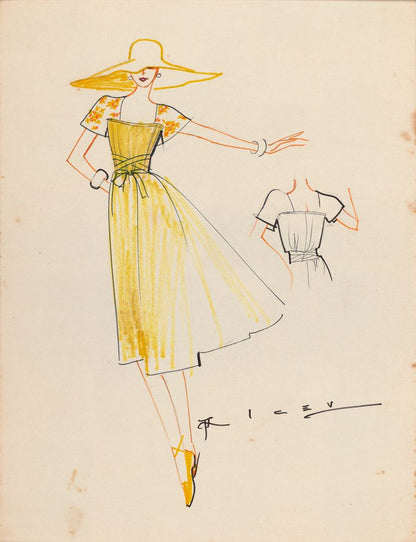 Drawing, yellow dress and wide brim hat - by Alceu Penna