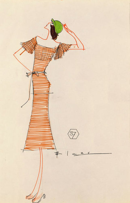 Drawing, white and orange striped dress and green hat - by Alceu Penna