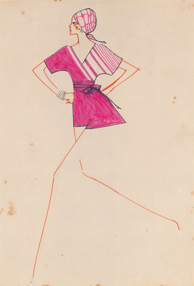 Drawing, girl in pink dress and headscarf - by Alceu Penna