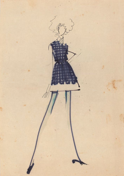 Sketch, blue and white plaid dress - by Alceu Penna