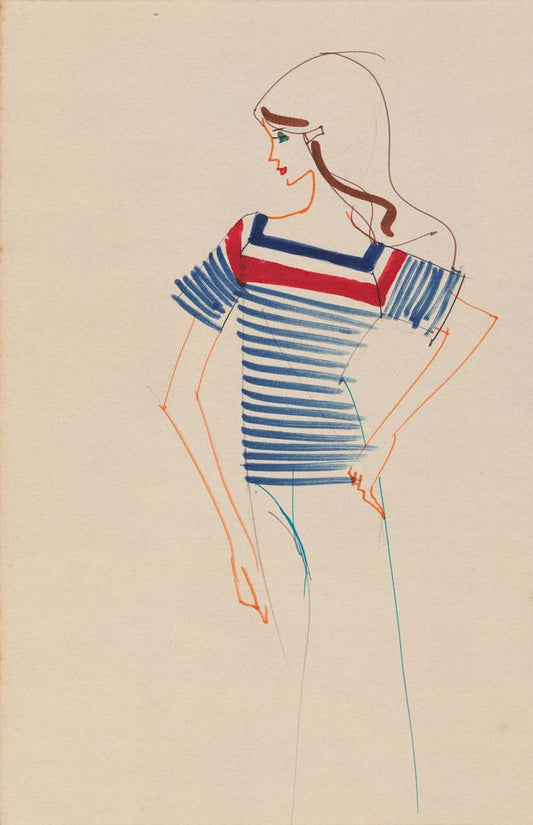 Sketch, white and blue striped blouse with orange detail - by Alceu Penna