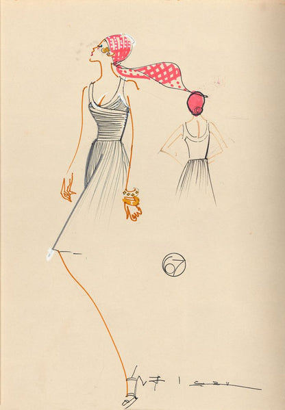 Drawing, girl in white dress and white and pink plaid headscarf - by Alceu Penna