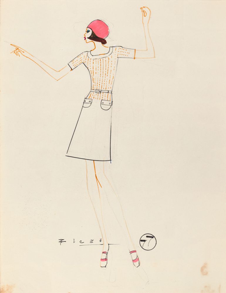 Drawing, girl in red bonnet, striped blouse and evasé skirt with front pockets - by Alceu Penna