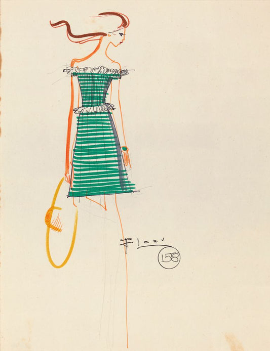 Drawing, green and white striped dress with ruffles - by Alceu Penna