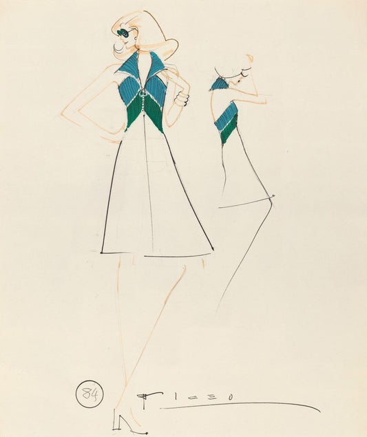 Drawing, A-line dress with halterneck neckline and blue and green details on the upper part - by Alceu Penna