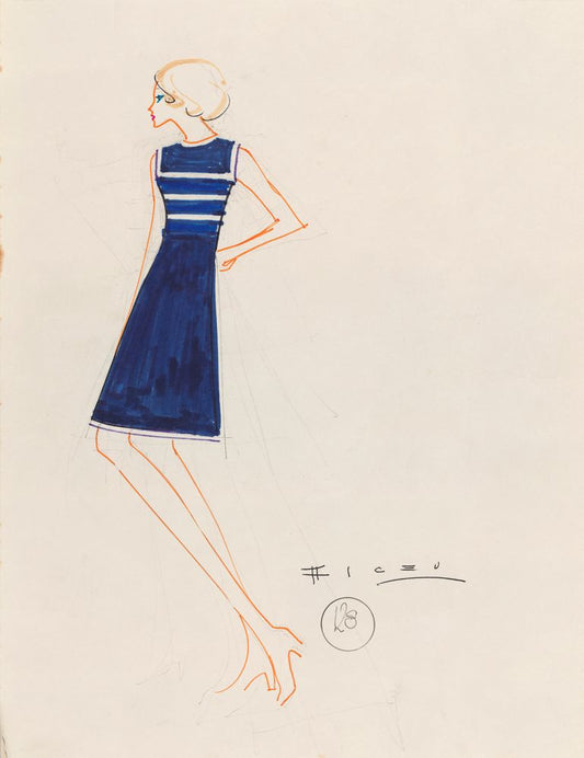 Drawing, blue A-line dress and blue and white striped blouse - by Alceu Penna