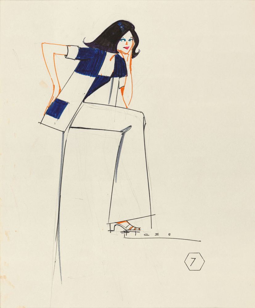 Drawing, white palazzo pants and blue and white blouse - by Alceu Penna