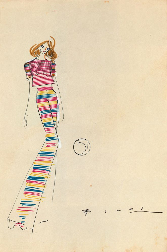 Drawing, blue, yellow and pink blouse and pants - by Alceu Penna