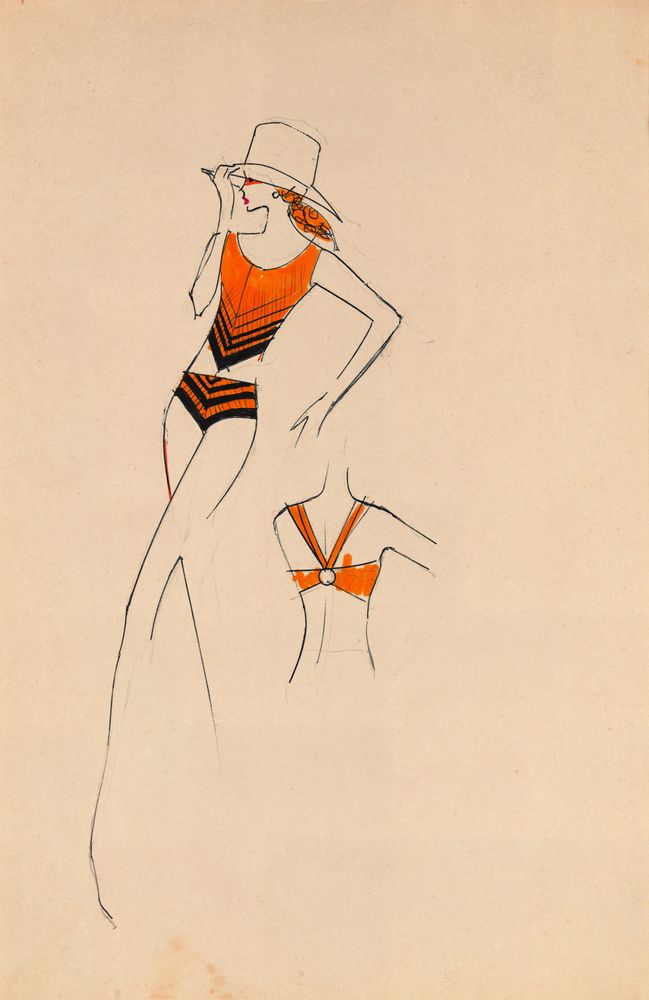 Drawing, girl in blouse, black and orange shorts and hat - by Alceu Penna