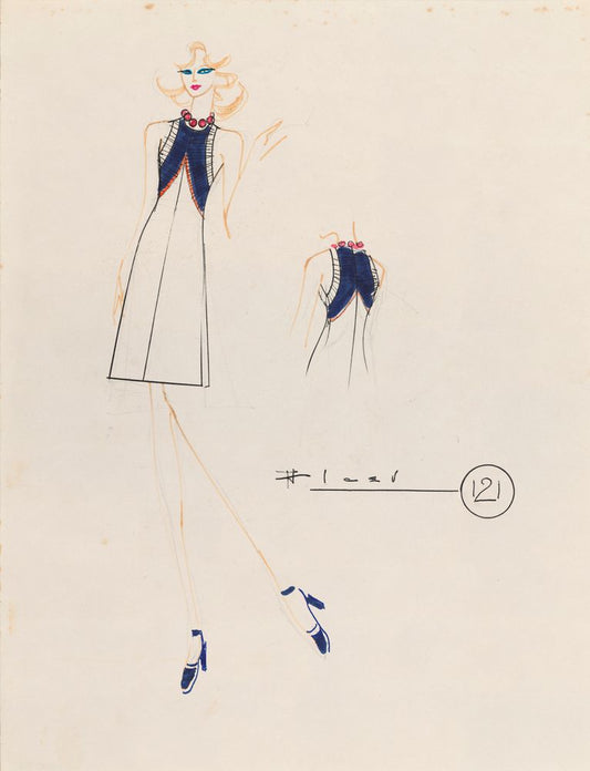 Drawing, white A-line dress with blue and red detail on the upper part - by Alceu Penna