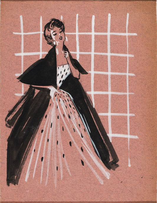 Drawing, girl in white dress with pois pattern and black overcoat - by Alceu Penna