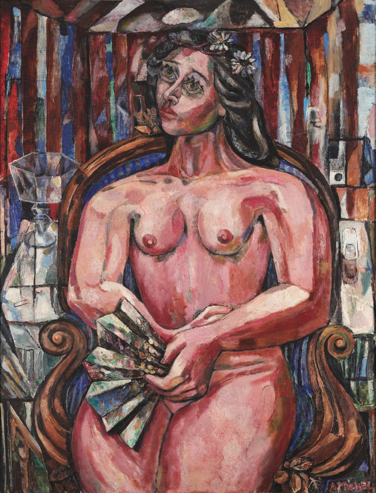 Pink nude (woman with fan) - by Alfonso Michel